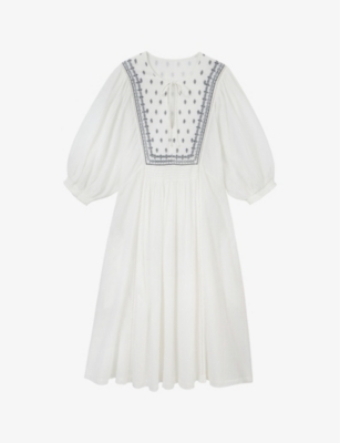 Shop The White Company Women's Whiteblack Tie-neck Embroidered Organic-cotton Midi Dress