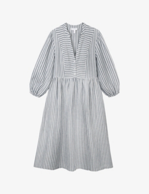 The White Company Womens White/blue Striped V-neck Linen Midi Dress In Gray