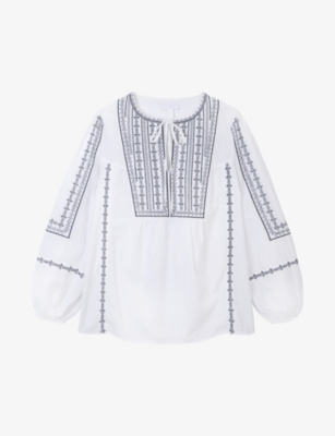 THE WHITE COMPANY: Tie-neck embroidered organic-cotton blouse