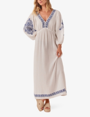 Shop The White Company Womens White/blue Flower-embroidered V-neck Organic-cotton Maxi Dress