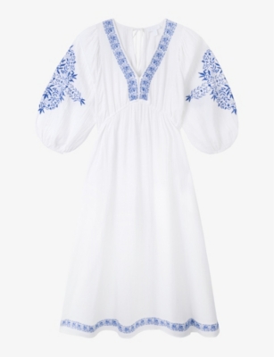 Shop The White Company Women's White/blue Flower-embroidered V-neck Organic-cotton Maxi Dress