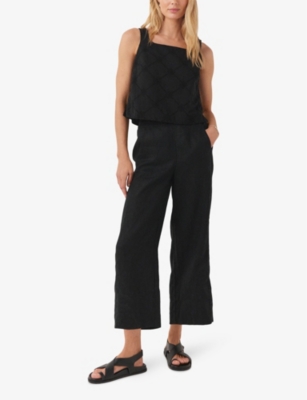 Shop The White Company Women's Black Wide-leg High-rise Cropped Linen Trousers