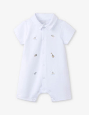 THE LITTLE WHITE COMPANY: Animal-embroidered button-down organic-cotton romper 0-24 months