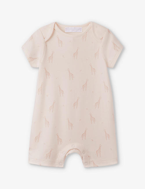 THE LITTLE WHITE COMPANY: Giraffe-print short-sleeve organic-cotton romper 0-24 months