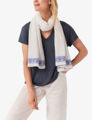 Shop The White Company Women's White/blue Embroidered Textured-weave Cotton Scarf