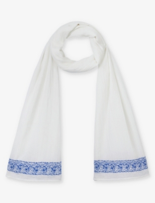 Shop The White Company Women's White/blue Embroidered Textured-weave Cotton Scarf