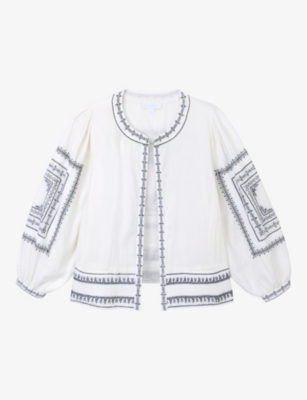 Shop The White Company Women's Whiteblack Embroidered Blouson-sleeve Cotton Jacket