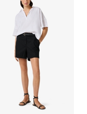 The White Company Womens Black Pleated-front High-rise Stretch-organic Cotton Shorts In Black
