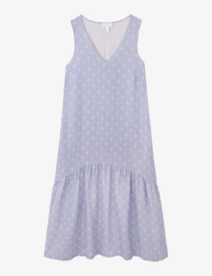 Shop The White Company Womens Blue Print Graphic-print Dropped-hem Linen Midi Dress