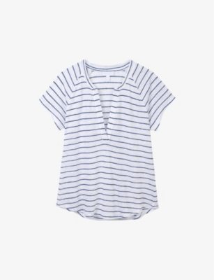 THE WHITE COMPANY: Stripe-print open-neck linen T-shirt