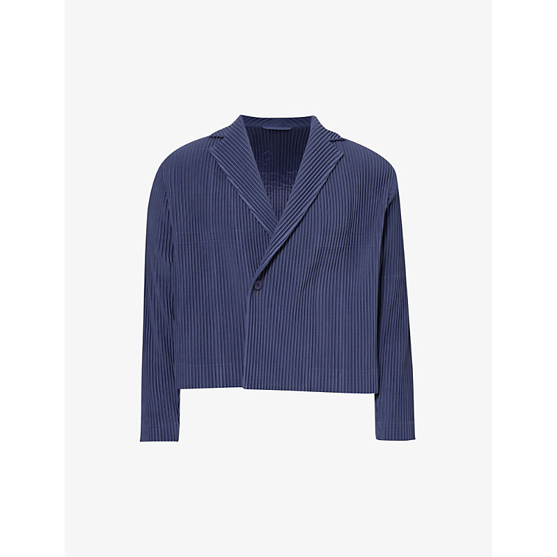 Issey Miyake Homme Plisse  Mens Blue Charcoal Pleated Notched-lapel Regular-fit Knitted Blazer