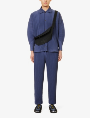 Shop Issey Miyake Homme Plisse  Men's Blue Charcoal Pleated Straight-leg Regular-fit Knitted Trousers