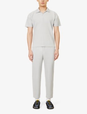 Shop Issey Miyake Basic Pleated Relaxed-fit Wide Knitted Trousers In Light Grey