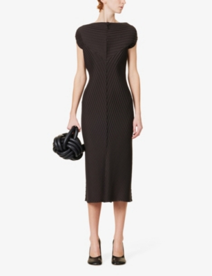 Shop Issey Miyake Womens  Paper Pleats V-neck Woven Midi Dress In Black