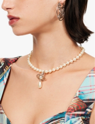 Vivienne Westwood Jewellery One Row Brass And Faux-pearl Choker Necklace In Platinum/pearl/cryst