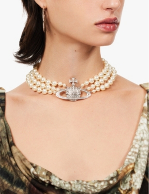 Three Row Bas Relief brass and Swarovski-pearl choker necklace