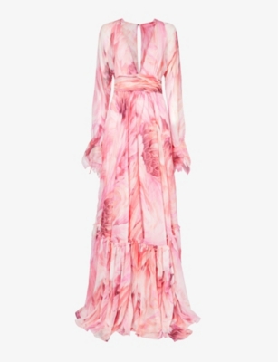 Shop Roberto Cavalli Women's Peonia Floral-print Long-sleeve Silk Maxi Dress