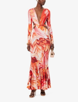 Shop Roberto Cavalli Womens Aragosta Floral-print Long-sleeve Stretch-woven Maxi Dress