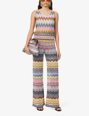 Shop Missoni Chevron-stripe Wide-leg Mid-rise Knitted Trousers In Multi Blue Yellow Tones