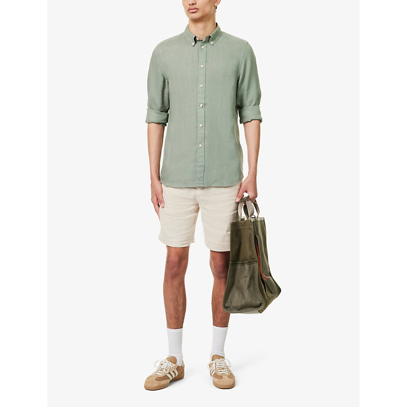 Shop Ps By Paul Smith Men's Greyish Green Button-down Collar Linen Shirt