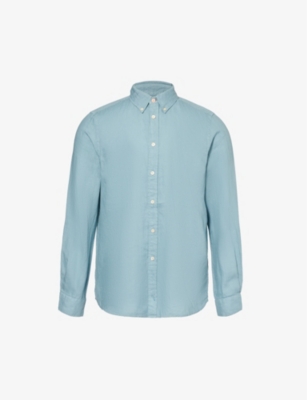 Shop Ps By Paul Smith Men's Greyish Blue Button-down Collar Linen Shirt