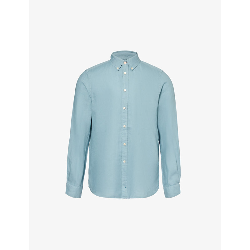 Shop Ps By Paul Smith Button-down Collar Linen Shirt In Greyish Blue