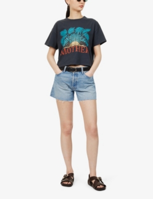 Shop Mother Skipper Short N Long Frayed-edge Denim Shorts In Leap At The Chance