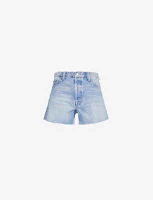 Shop Mother Skipper Short N Long Frayed-edge Denim Shorts In Leap At The Chance