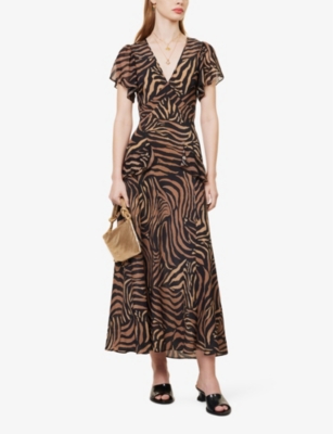 Shop Rixo London Rixo Women's Tiger Patchwork Black Evie Tiger-pattern Silk Midi Dress