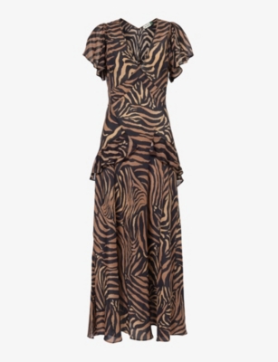 Shop Rixo London Rixo Women's Tiger Patchwork Black Evie Tiger-pattern Silk Midi Dress