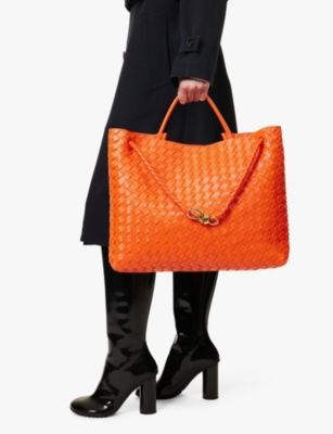 BOTTEGA VENETA WOMENS ORANGE-MB-ORANGE ANDIAMO WOVEN-TEXTURE LEATHER TOP-HANDLE BAG 