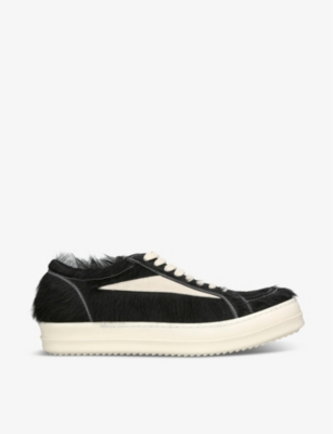 Shop Rick Owens Men's Blk/white Vintage Low Brushed Pony-hair Low-top Trainers