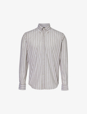Shop Oscar Jacobson Men's Nubuck Beige Striped Regular-fit Cotton-blend Shirt