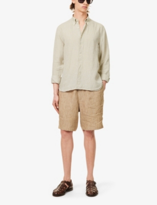 Oscar Jacobson Mens Almond Beige Signature Button-down Collar Linen Shirt In Almond Beige