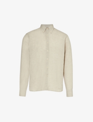 Shop Oscar Jacobson Men's Almond Beige Signature Button-down Collar Linen Shirt