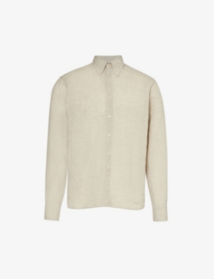 Oscar Jacobson Mens Almond Beige Signature Button-down Collar Linen Shirt In Almond Beige