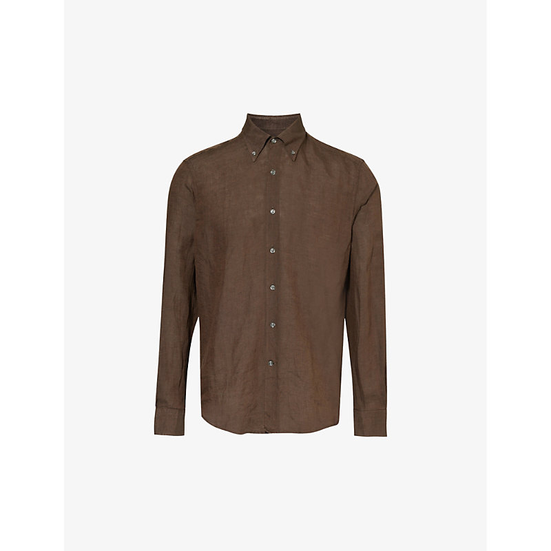 Oscar Jacobson Mens Brown Elk Signature Button-down Collar Linen Shirt