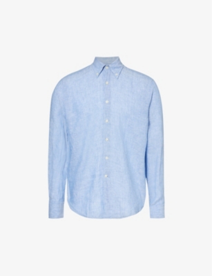 Shop Oscar Jacobson Men's Harmony Blue Signature Button-down Collar Linen Shirt