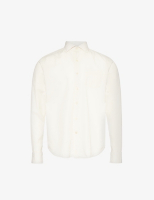 Shop Oscar Jacobson Men's Ecru White Long-sleeved Patch-pocket Cotton Shirt