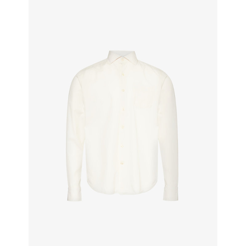 Oscar Jacobson Mens Ecru White Long-sleeved Patch-pocket Cotton Shirt