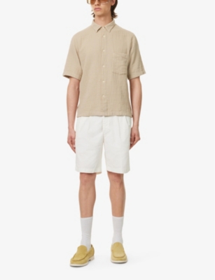 Shop Oscar Jacobson Short-sleeve Crepe Cotton Shirt In Nubuck Beige