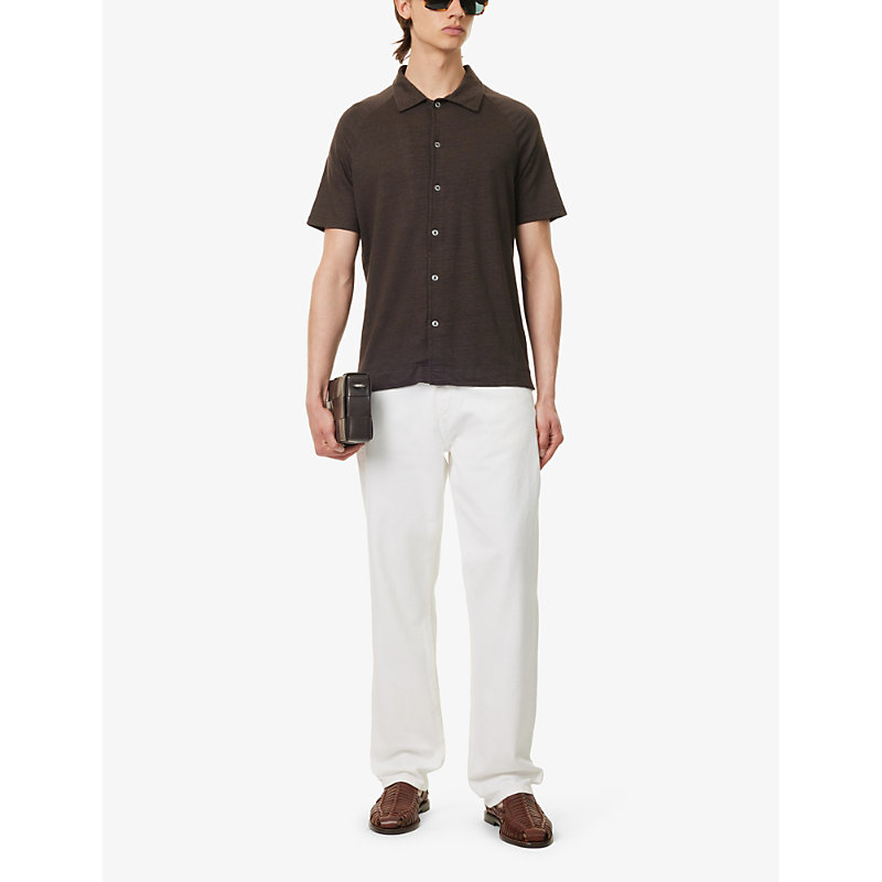 Shop Oscar Jacobson Men's Brown Elk Albin Marled-pattern Linen-blend Polo Shirt