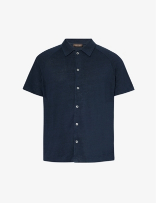 Shop Oscar Jacobson Men's Navy Dust Albin Marled-pattern Linen-blend Polo Shirt