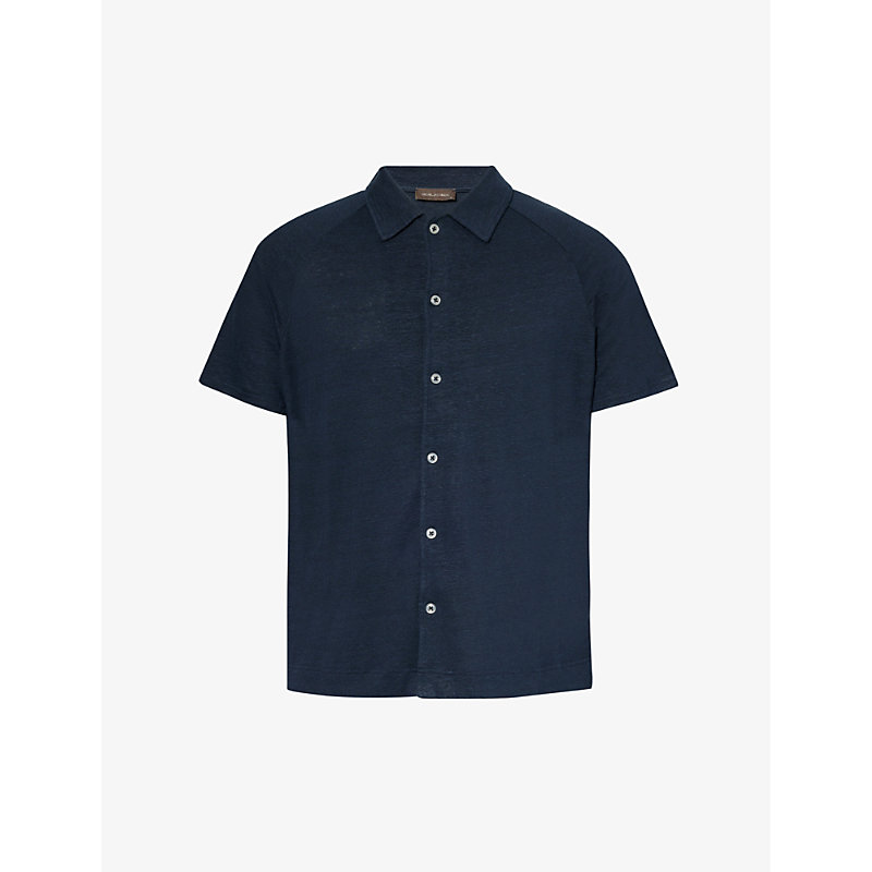 Oscar Jacobson Mens Navy Dust Albin Marled-pattern Linen-blend Polo Shirt