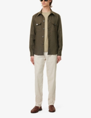 Shop Oscar Jacobson Mens Green Leaf Maverick Spread-collar Regular-fit Linen Overshirt