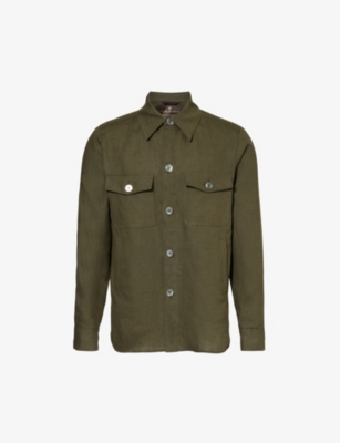 Shop Oscar Jacobson Men's Green Leaf Maverick Spread-collar Regular-fit Linen Overshirt