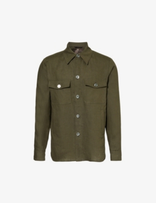 Shop Oscar Jacobson Mens Green Leaf Maverick Spread-collar Regular-fit Linen Overshirt