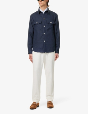 Shop Oscar Jacobson Men's Navy Maverick Spread-collar Regular-fit Linen Overshirt