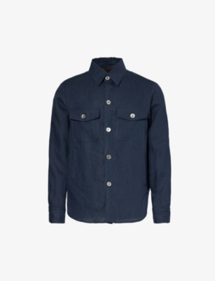 Shop Oscar Jacobson Mens Vy Maverick Spread-collar Regular-fit Linen Overshirt In Navy