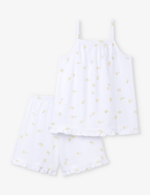 Shop The Little White Company Girls Multi Kids Lemon-print Frilled-hem Organic-cotton Pyjamas
